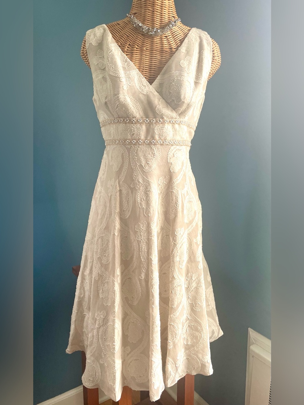 Adrianna Papell Embroidered A-Line Dress Beaded Waist Overlay Cream Tan 12P